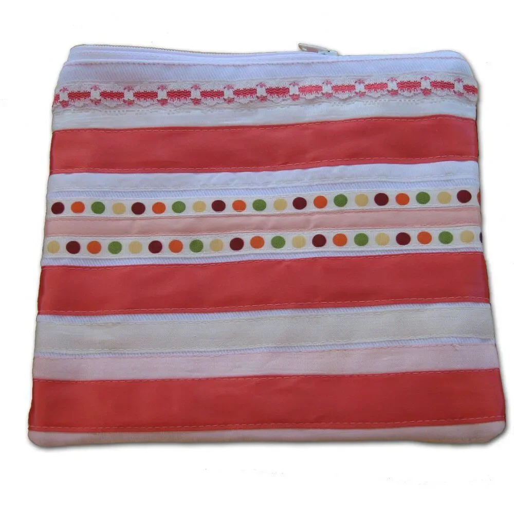 Coral Striped Zippered Pouch Makeup Bag Art Supply Storage Travel Tote NEW